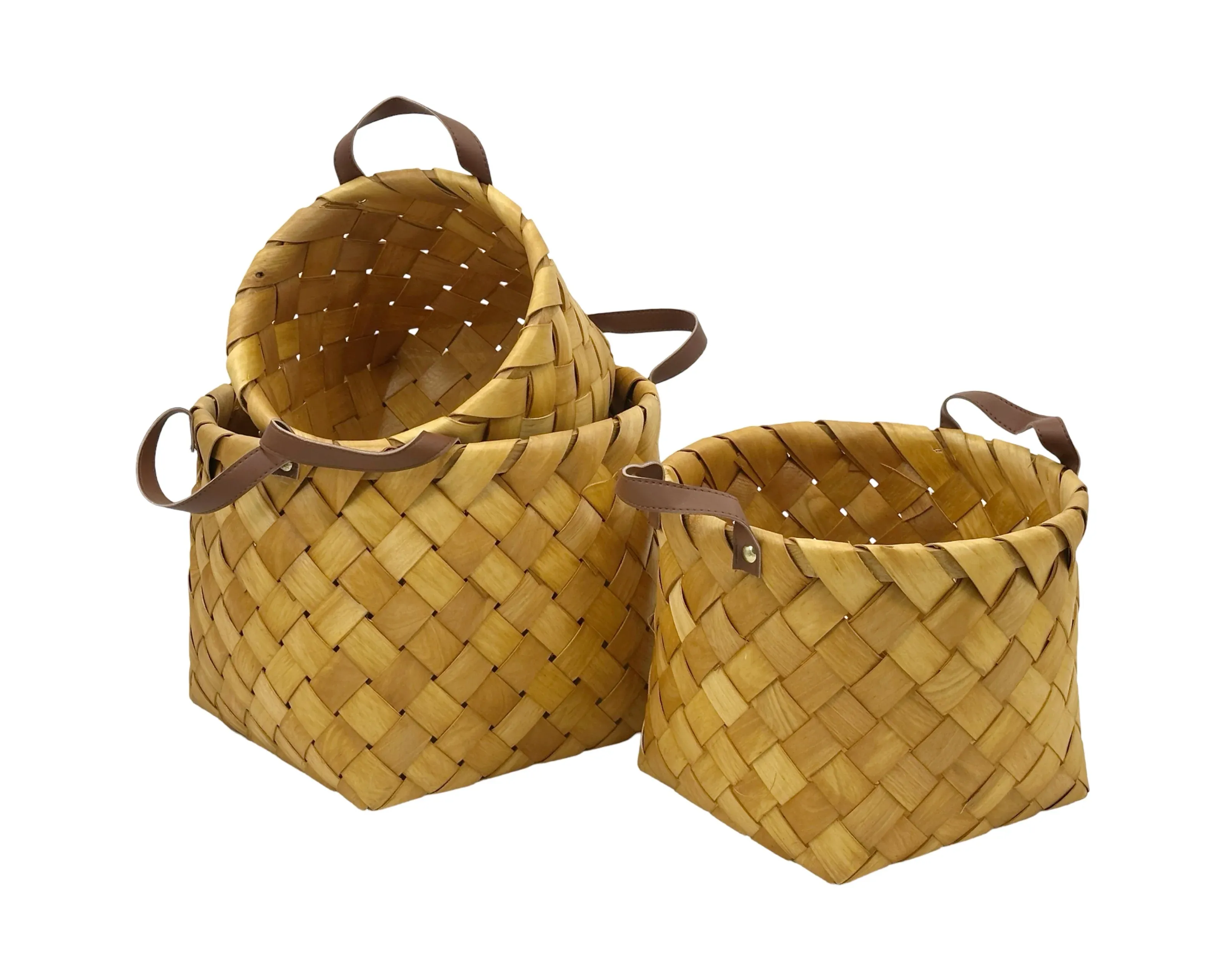 Set 3 Plywood Hand Woven Baskets 36cm, 30cm, 18cm
