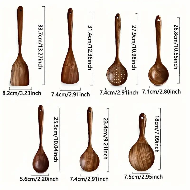 7-Piece Natural Teak Wooden Spoons for Cooking Set view 3