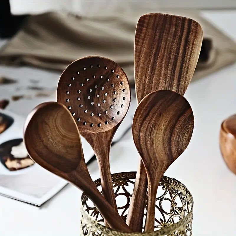 7-Piece Natural Teak Wooden Spoons for Cooking Set view 6