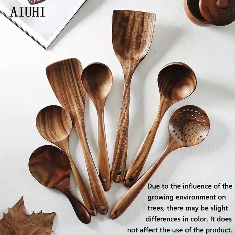 7-Piece Natural Teak Wooden Spoons for Cooking Set view 7