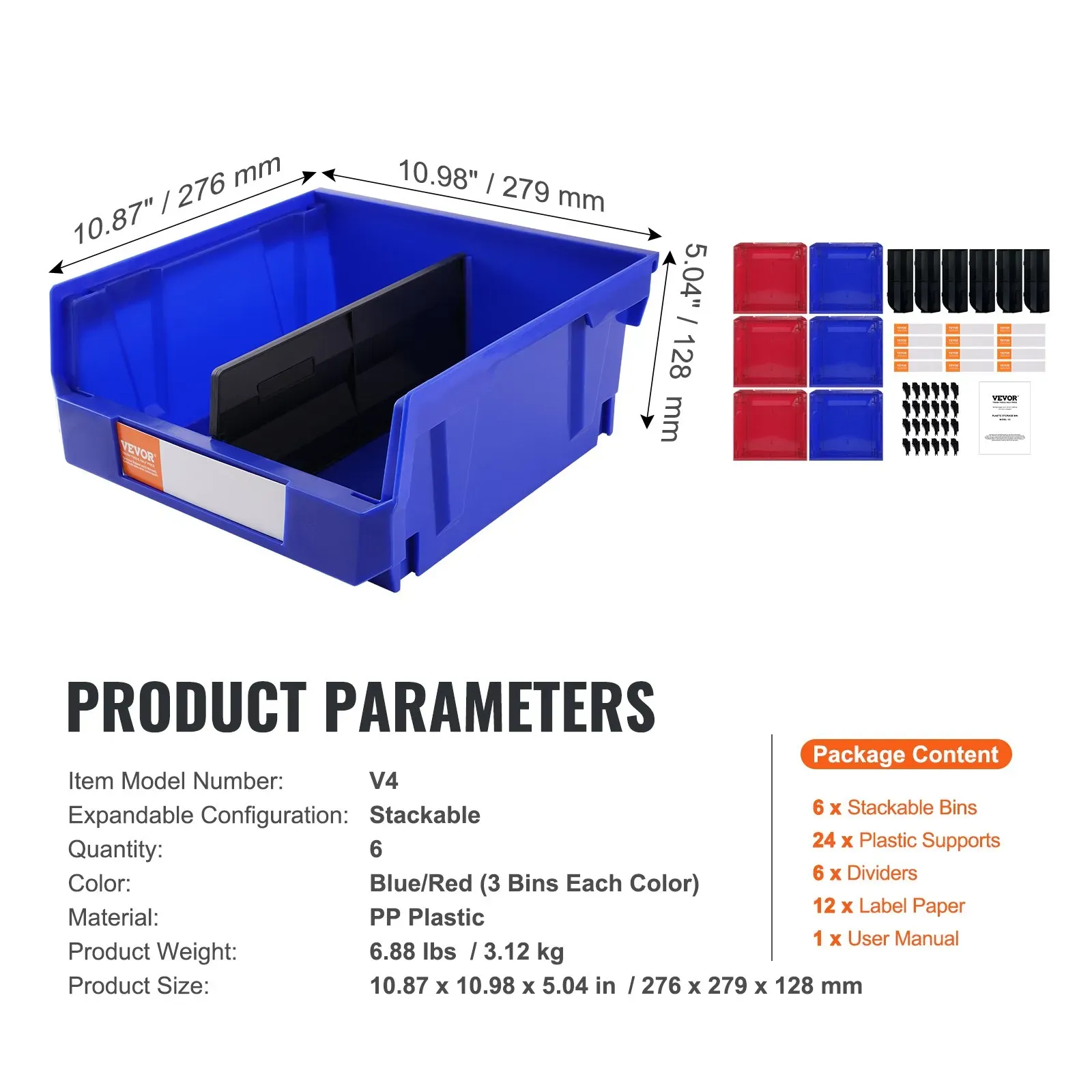 Plastic Storage Bin, (276 mm x 279 mm x 128 mm), Blue/Red, 6-Pack, Kitchen view 2