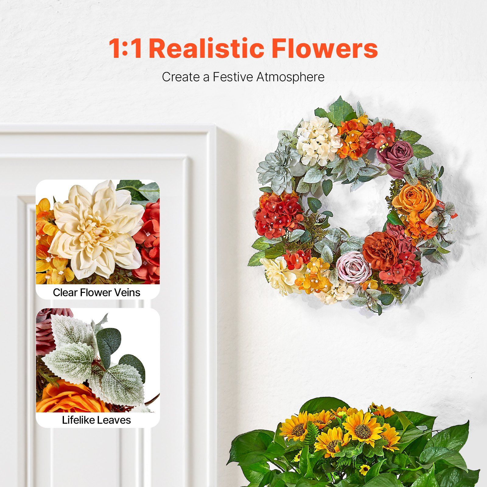 Artificial Decorative Wreath 60.96cm Red Orange Yellow Hydrangea Rose Wreath view 2