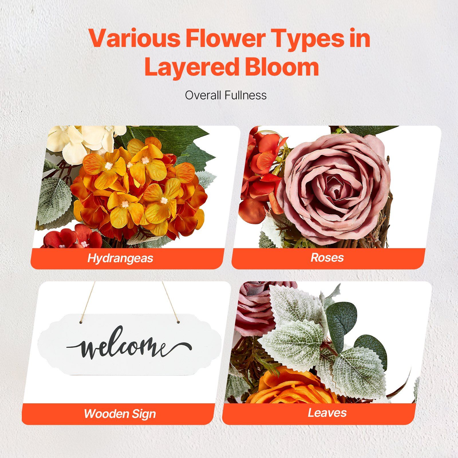 Artificial Decorative Wreath 60.96cm Red Orange Yellow Hydrangea Rose Wreath view 4