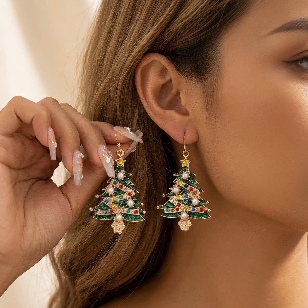 Christmas Tree Drop Earrings - 6.7 x 3.5 cm Alloy Festive Earrings with view 3