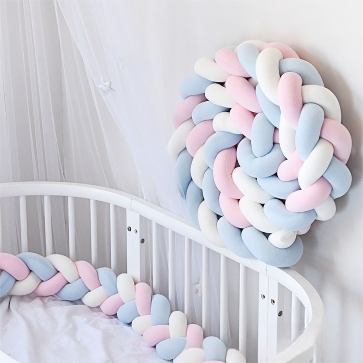 White & Blue & Pink 2M Nordic 3-Strand Hand-Braided Knot Long Pillow - Soft view 2