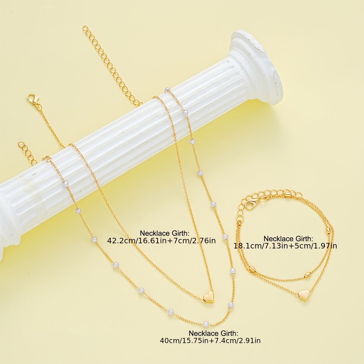 Gold Double-Layer Heart Charm Necklace and Bracelet Set – Women’s Layered view 2