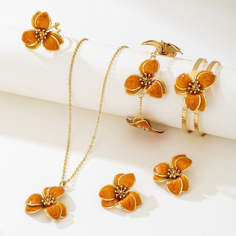 Orange Floral Enamel Jewelry Set – Five-Piece Alloy Accessory Collection with view 3