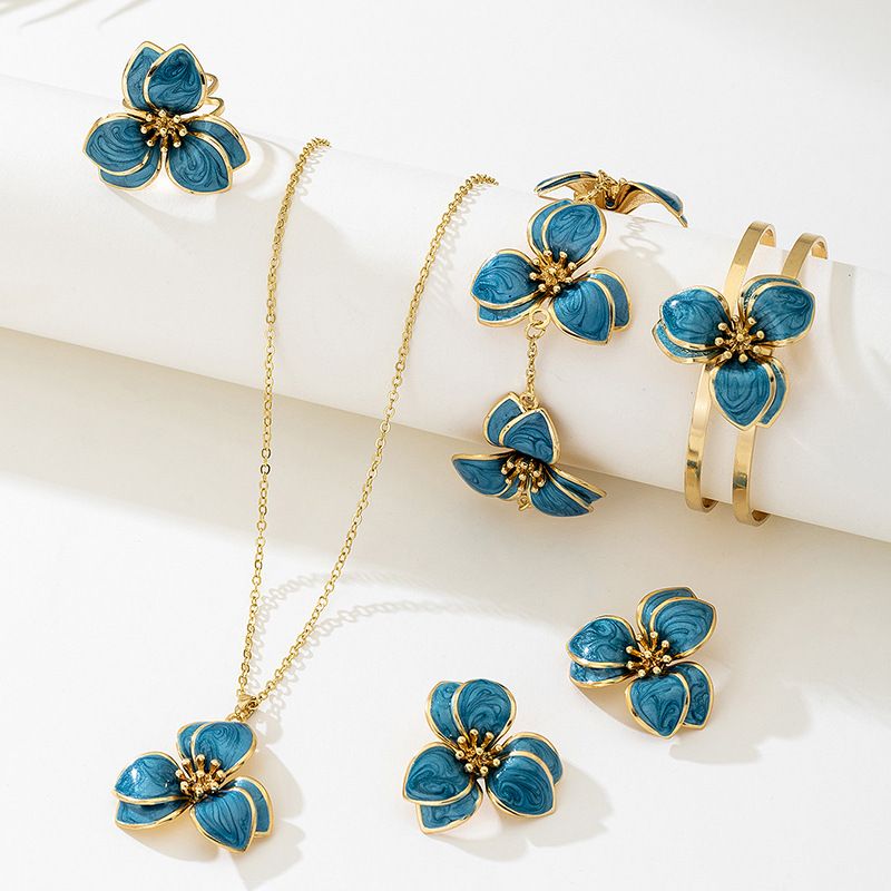 Blue Floral Enamel Jewelry Set – Five-Piece Alloy Accessory Collection with view 2
