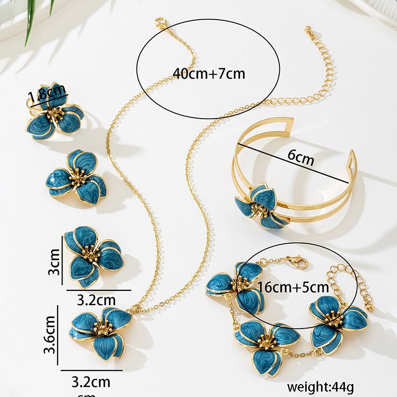 Blue Floral Enamel Jewelry Set – Five-Piece Alloy Accessory Collection with view 4