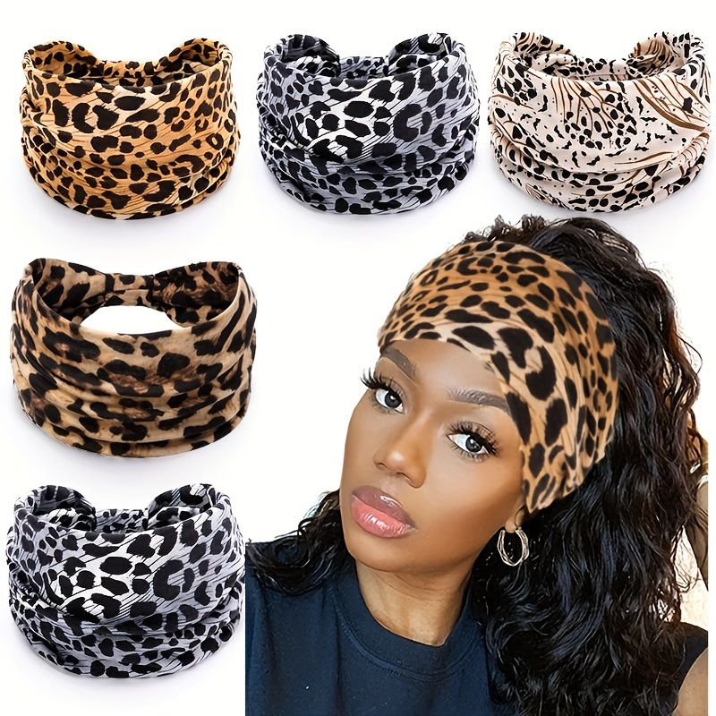 Khaki Leopard print Yoga Headband – Elastic Sweat-Wicking Hairband for Women view 2