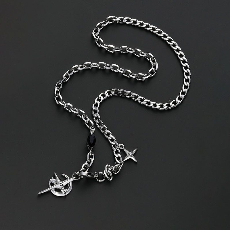 Silver Hip-hop style titanium steel black gemstone spliced ​​star cross necklace view 2