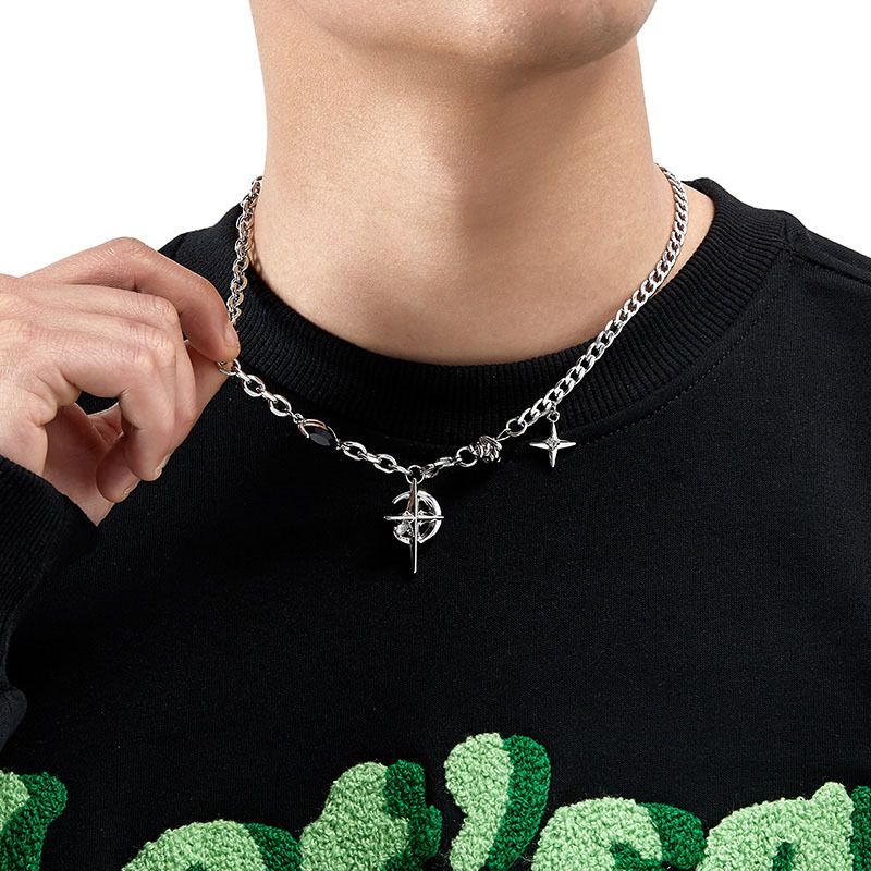 Silver Hip-hop style titanium steel black gemstone spliced ​​star cross necklace view 4