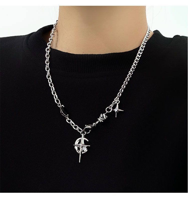 Silver Hip-hop style titanium steel black gemstone spliced ​​star cross necklace view 5