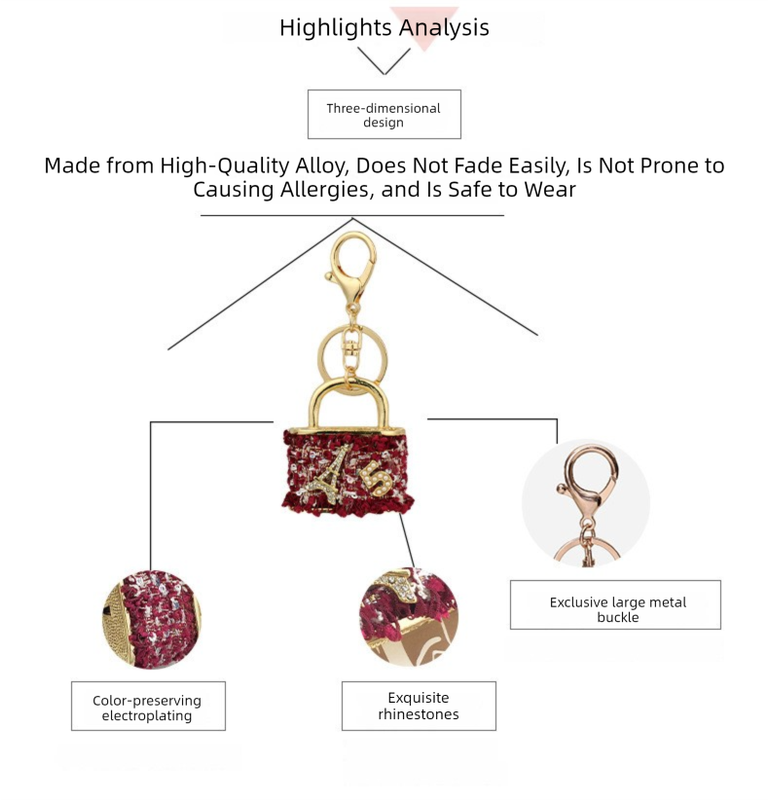 Red Sparkling Rhinestone Lock Keychain - 3D Mini Handbag Charm with Alloy & view 3