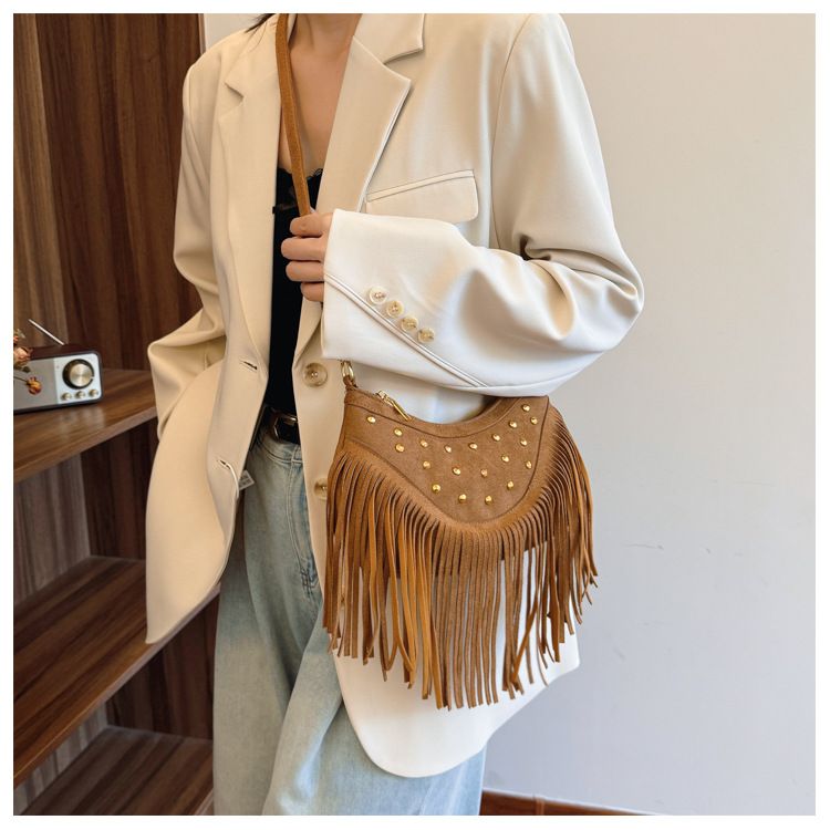Khaki Vintage Boho Fringe Crossbody Bag - Retro Studded PU Leather Shoulder view 5