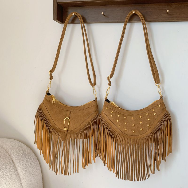 Khaki Vintage Boho Fringe Crossbody Bag - Retro Locking design PU Leather view 2