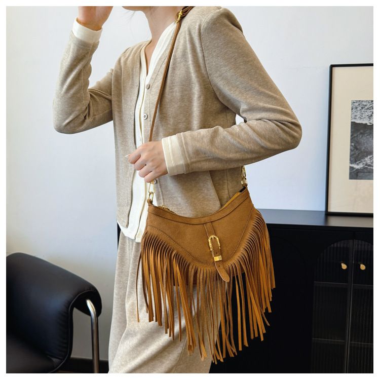 Khaki Vintage Boho Fringe Crossbody Bag - Retro Locking design PU Leather view 4