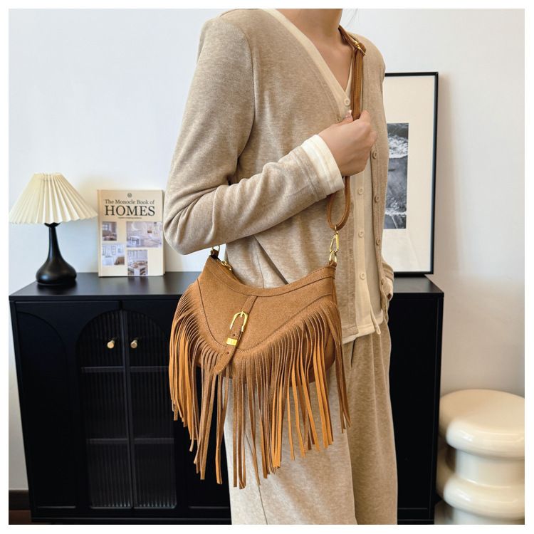 Khaki Vintage Boho Fringe Crossbody Bag - Retro Locking design PU Leather view 5
