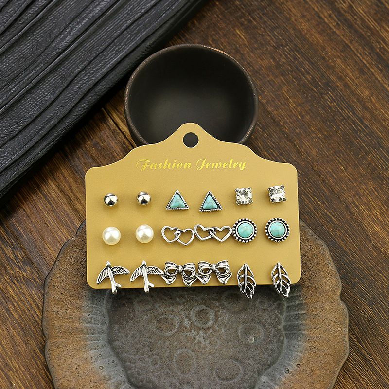 Alloy Stud Earring Set - 9 Pairs with Heart, Leaf & Turquoise Designs for Women view 3