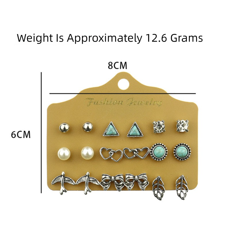 Alloy Stud Earring Set - 9 Pairs with Heart, Leaf & Turquoise Designs for Women view 4