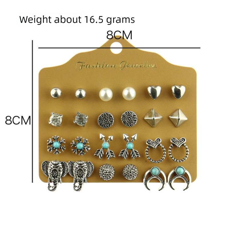 Alloy Stud Earring Set - 12 Pairs with Heart, Leaf & Turquoise Designs for Women view 4