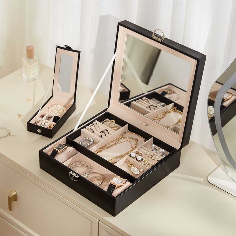 Black Large PU Leather Jewelry Box with Mirror & Lock - Velvet Lined Organizer view 3