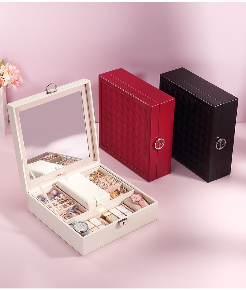 White Large PU Leather Jewelry Box with Mirror & Lock - Velvet Lined Organizer view 2