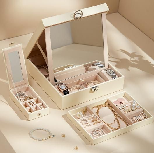 White Large PU Leather Jewelry Box with Mirror & Lock - Velvet Lined Organizer view 4