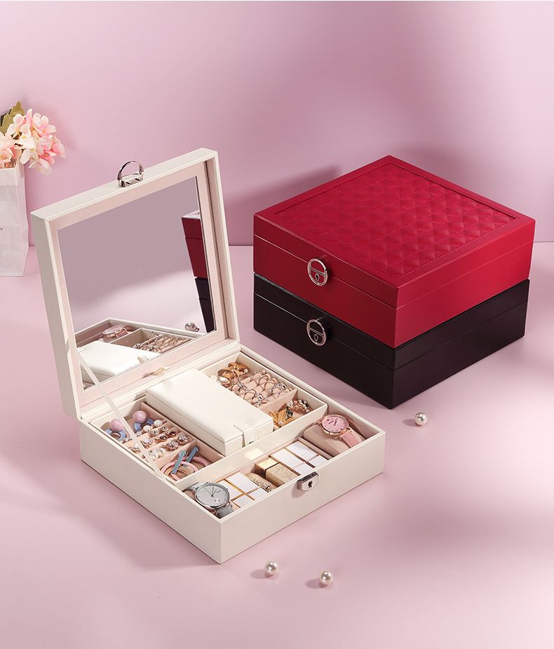 Red Large PU Leather Jewelry Box with Mirror & Lock - Velvet Lined Organizer view 2