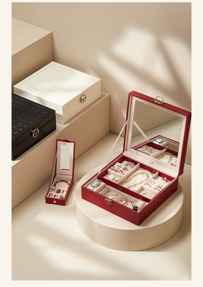 Red Large PU Leather Jewelry Box with Mirror & Lock - Velvet Lined Organizer view 3