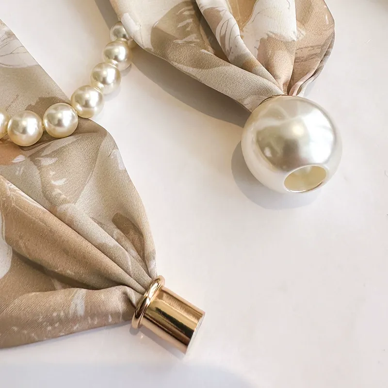 Beige 2-in-1 Magnetic Pearl Scarf & Necklace Set - Floral Print Polyester Neck view 5