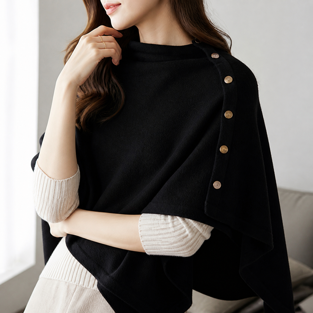 Black Women's Winter Shawl Wrap - 140 x 56 cm Polyester Two Way Knitted Cape Scarf view 5