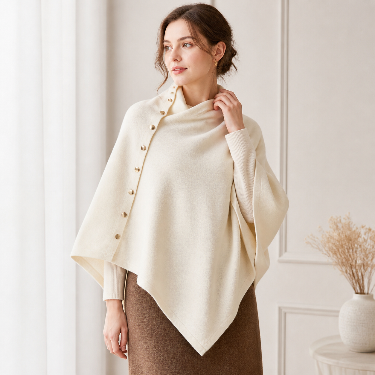 Khaki Women's Winter Shawl Wrap - 140 x 56 cm Polyester Two Way Knitted Cape Scarf view 6