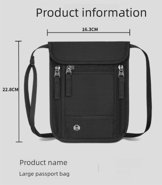 Black and Grey RFID Neck Passport Holder - 16.3 x 22.8 cm Lightweight Nylon view 2