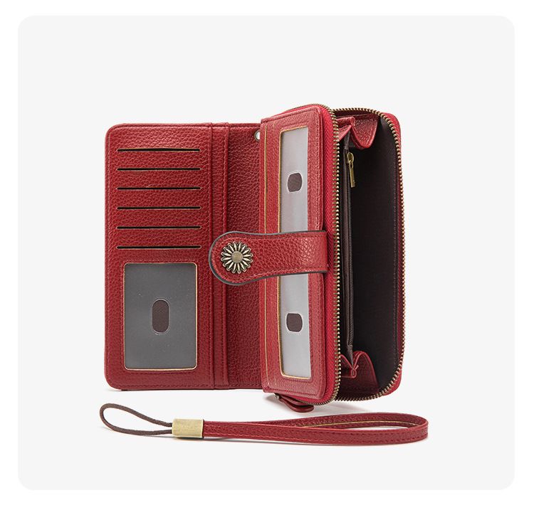 Black Women's Long Zipper Wallet with Wristlet – Multi-Card Slots view 6