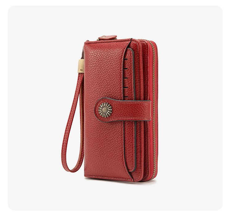 Dark Red Women's Long Zipper Wallet with Wristlet – Multi-Card Slots view 4