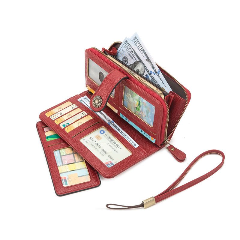 Dark Red Women's Long Zipper Wallet with Wristlet – Multi-Card Slots view 7