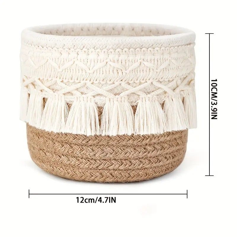 Khaki Boho Cotton Rope Tassel Storage Baskets – Set of 2 Round Woven view 2