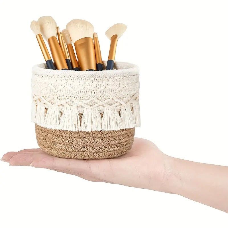 Khaki Boho Cotton Rope Tassel Storage Baskets – Set of 2 Round Woven view 3