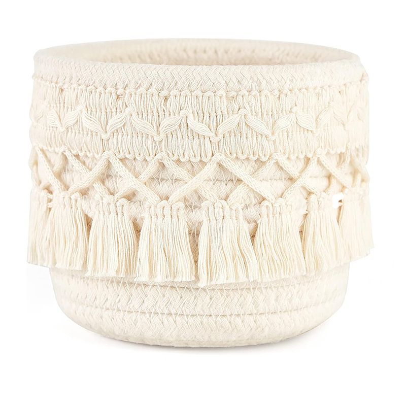 Beige Boho Cotton Rope Tassel Storage Baskets – Set of 2 Round Woven view 2