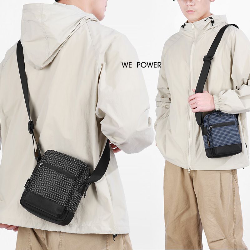 Gray Unisex Plaid Nylon Crossbody Bag – Lightweight Multi-Pocket Shoulder Bag view 2