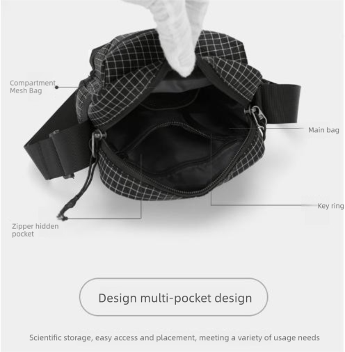 Khaki Unisex Plaid Nylon Crossbody Bag – Lightweight Multi-Pocket Shoulder Bag view 4