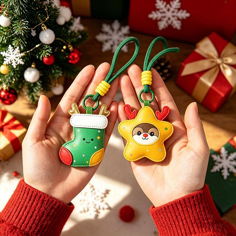 2-Piece Peace Apple Shaped PU Leather Keychains – Cute Holiday Bag Ornaments view 3