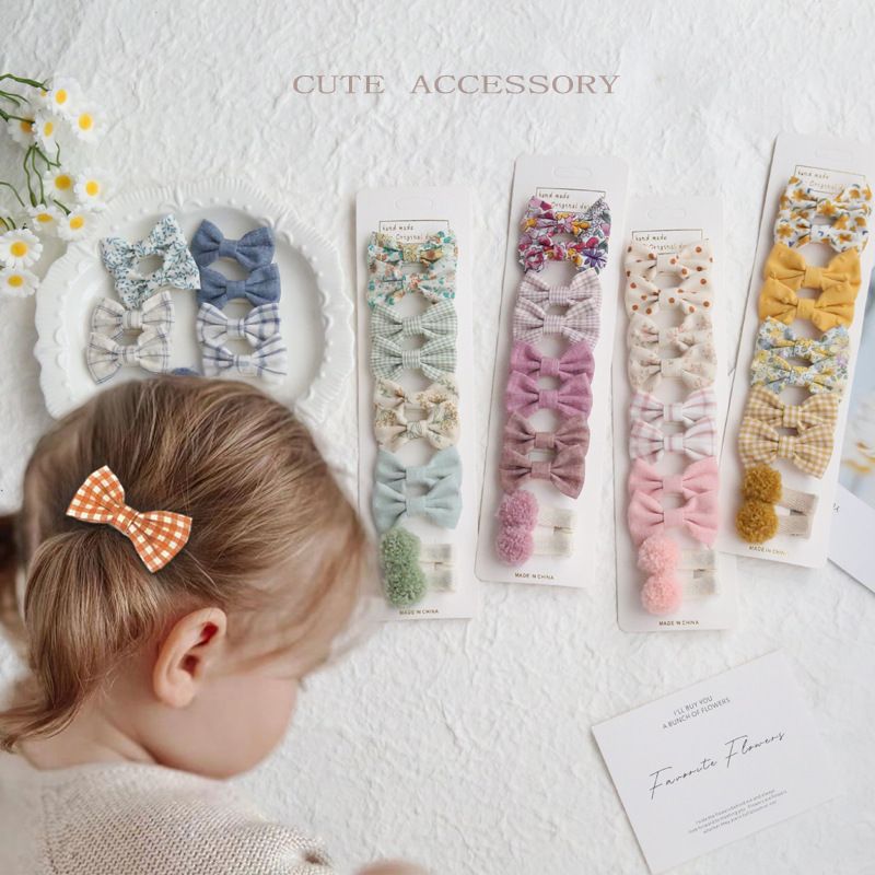 Purple A6 10-Piece Girls' Fabric Bow Hair Clip Set – Plaid & Floral Alligator view 6
