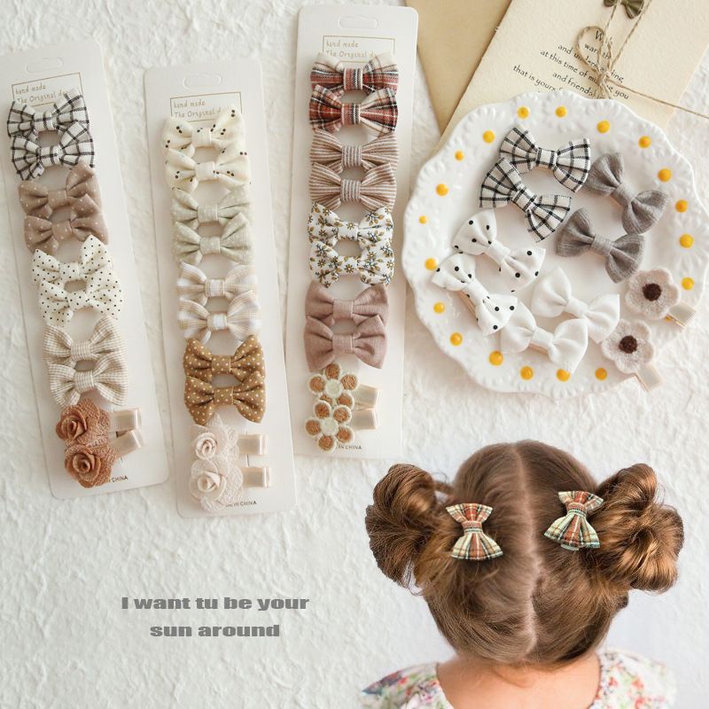 Green A8 10-Piece Girls' Fabric Bow Hair Clip Set – Plaid & Floral Alligator view 2