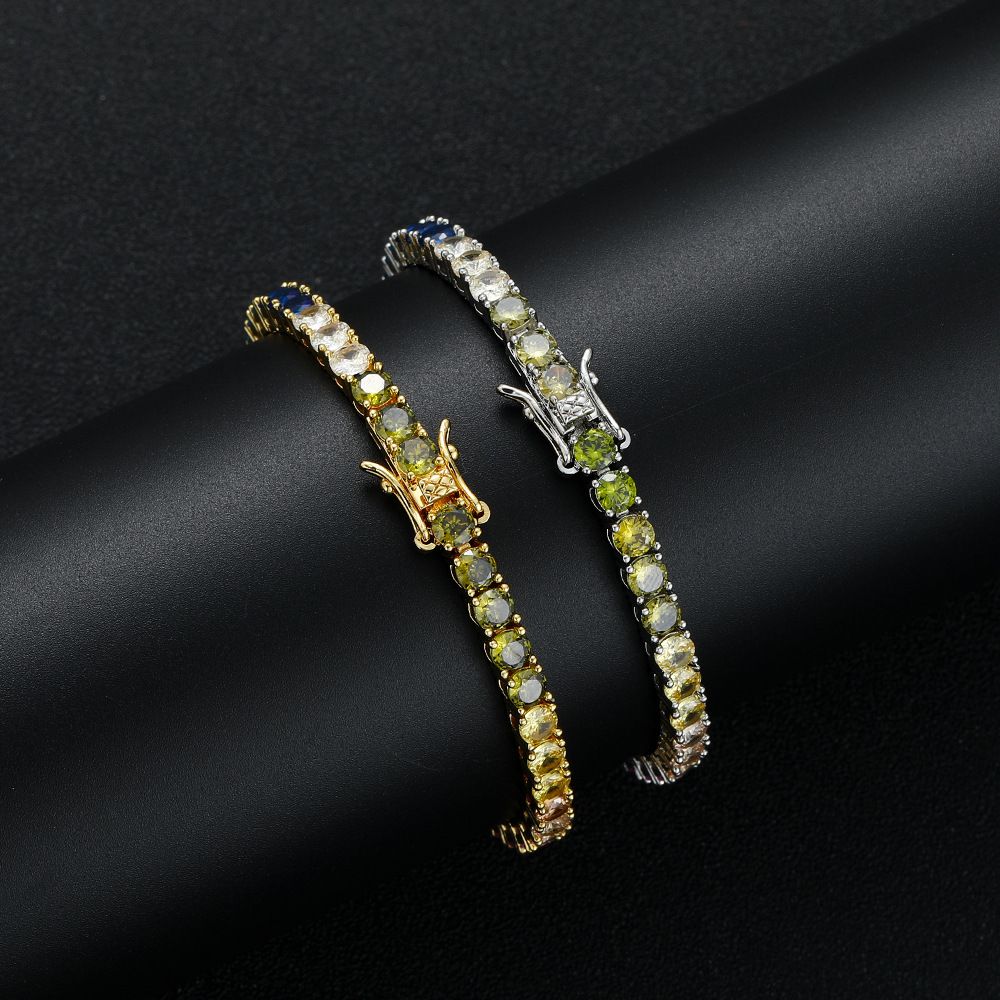 Gold Rainbow Zircon Tennis Bracelet – 4mm Single Row Hip Hop Jewelry with view 3