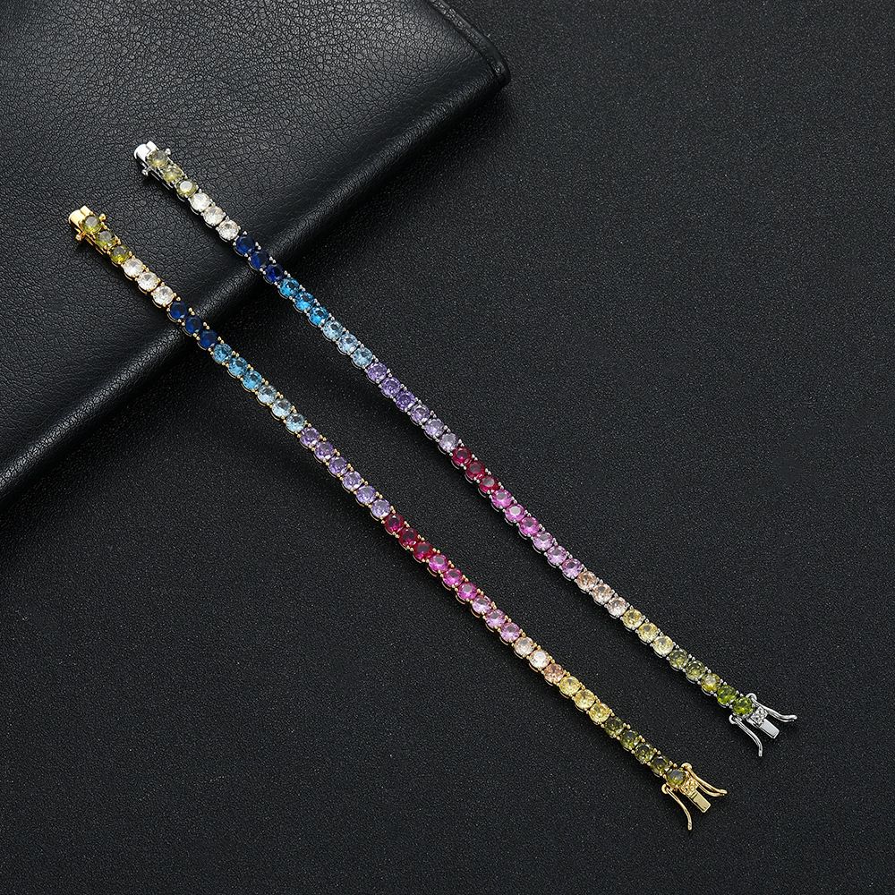 Gold Rainbow Zircon Tennis Bracelet – 4mm Single Row Hip Hop Jewelry with view 4