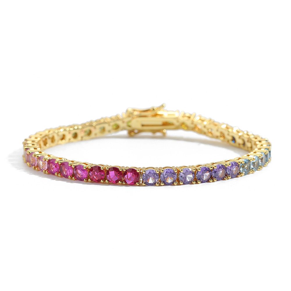 Gold Rainbow Zircon Tennis Bracelet – 4mm Single Row Hip Hop Jewelry with view 5