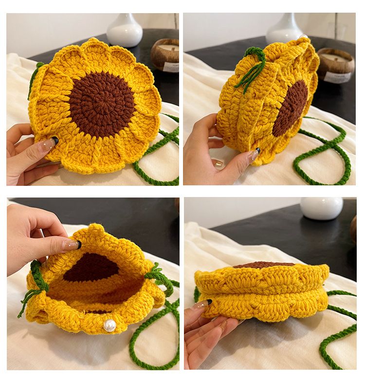 Yellow Handmade Crochet Sunflower Crossbody Bag – Cute Floral Knitted Button view 2