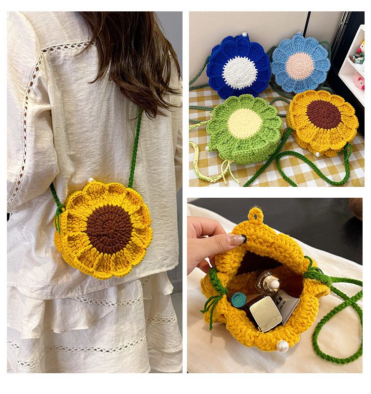 Yellow Handmade Crochet Sunflower Crossbody Bag – Cute Floral Knitted Button view 3